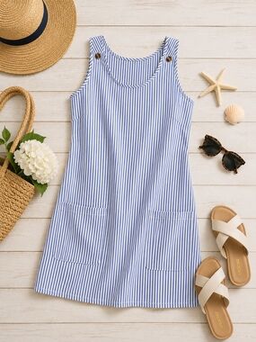 Blue & White Striped Sleeveless Shift Dress